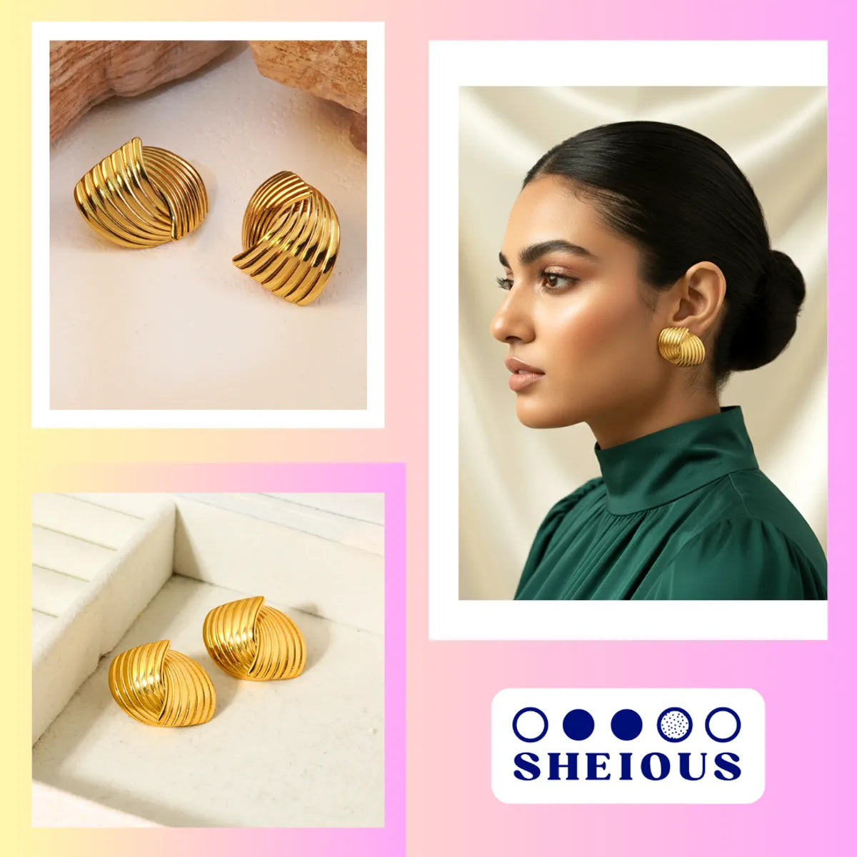 Combo (Set of 2) Luxe Emerald Pearl Bloom Earrings and Gold Stainless Steel Anti Tarnish Luxe Radiant Swirl Studs
