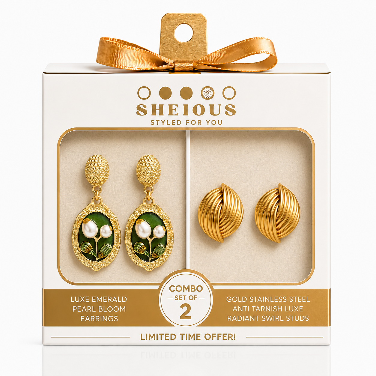 Combo (Set of 2) Luxe Emerald Pearl Bloom Earrings and Gold Stainless Steel Anti Tarnish Luxe Radiant Swirl Studs
