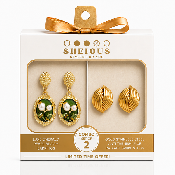 Combo (Set of 2) Luxe Emerald Pearl Bloom Earrings and Gold Stainless Steel Anti Tarnish Luxe Radiant Swirl Studs