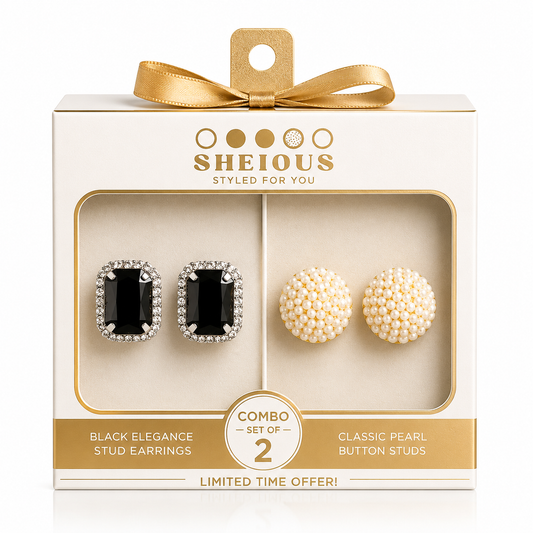 Combo (Set of 2) Black Crystal Stud & Pearl Ball Earrings