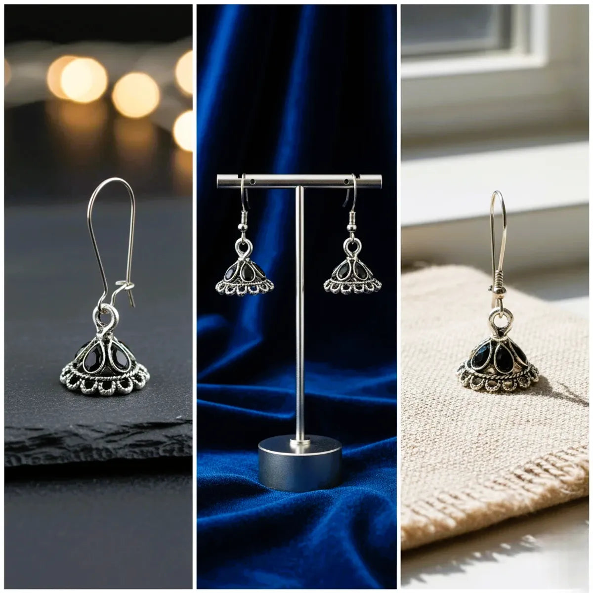 Combo (Set of 2) Multicolor Stone Oxidised Jhumka Earrings and Black Stone Oxidised Jhumka Earrings