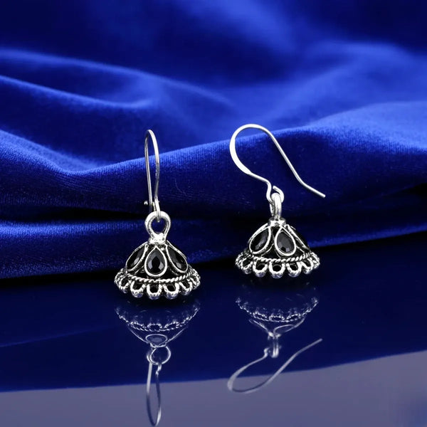 Black Antique Black Stone Oxidised Jhumka Earrings
