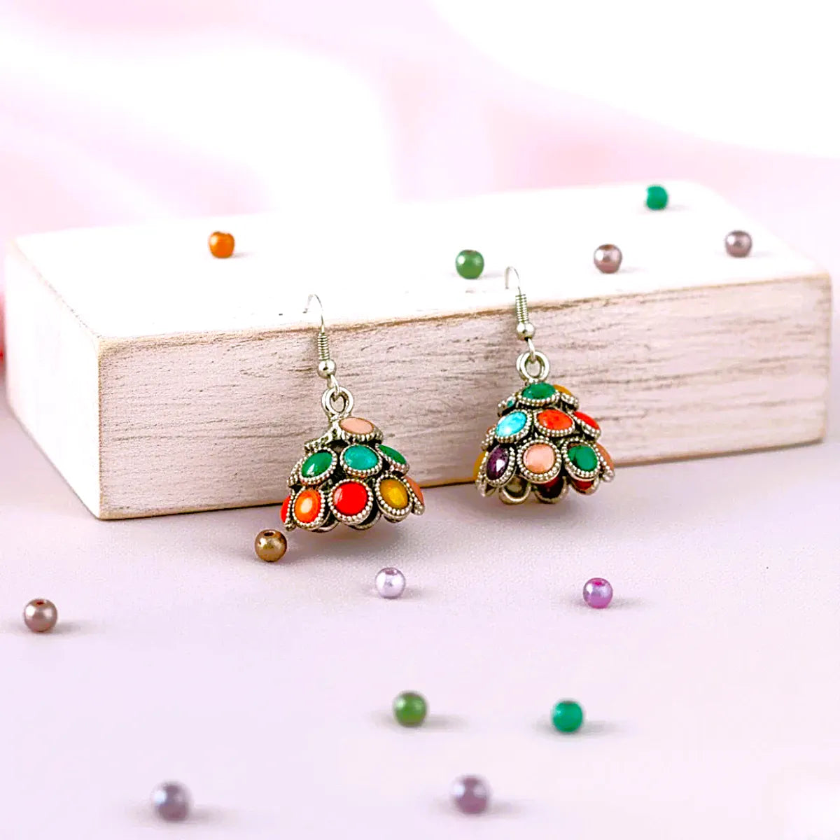 Vivid Alloy Multicolor Stone Oxidised Jhumka Earrings