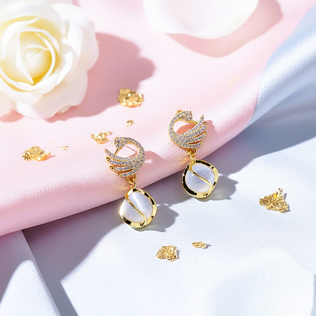 Golden Swan Pearl Drop Earrings