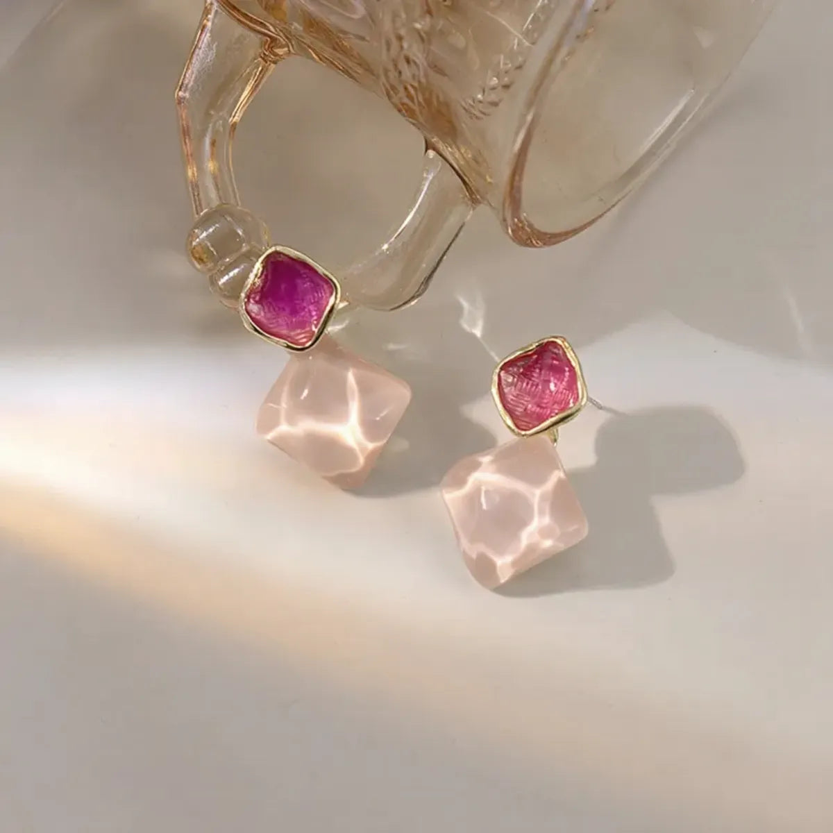 Pink Alloy Mist Quartz Duo Studs For Women