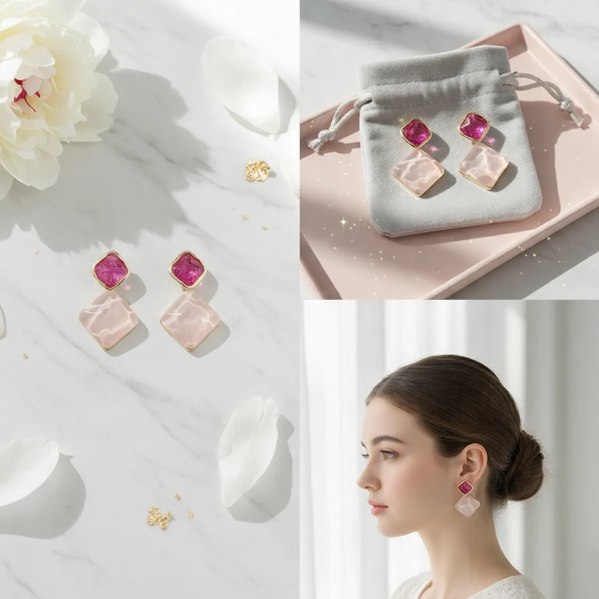 Pink Alloy Mist Quartz Duo Studs For Women