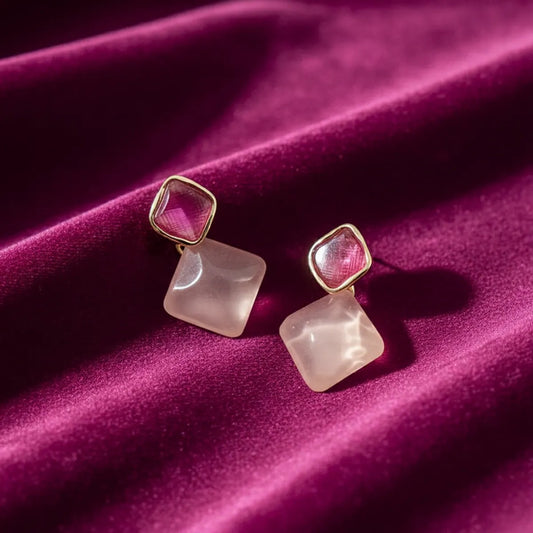 Pink Alloy Mist Quartz Duo Studs For Women