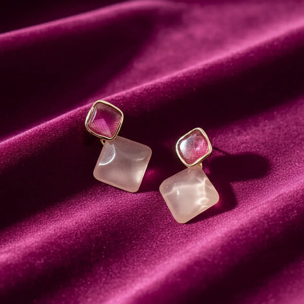 Pink Alloy Mist Quartz Duo Studs For Women