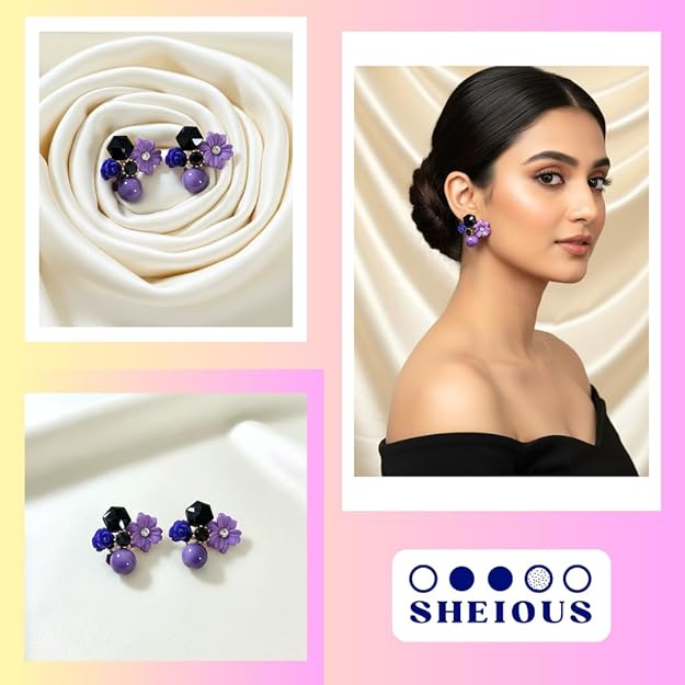 Combo (Set of 2) Floral White Stud & Purple Beaded Earrings