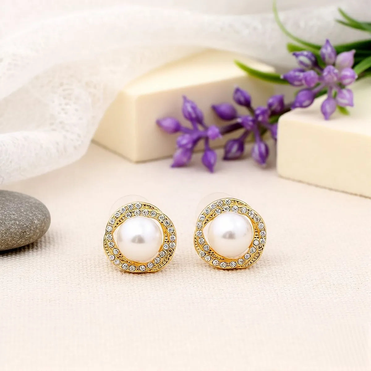 Silver Alloy Luxe Pearl Halo Studs For Women