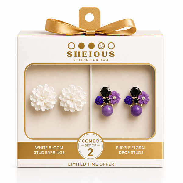 Combo (Set of 2) Floral White Stud & Purple Beaded Earrings