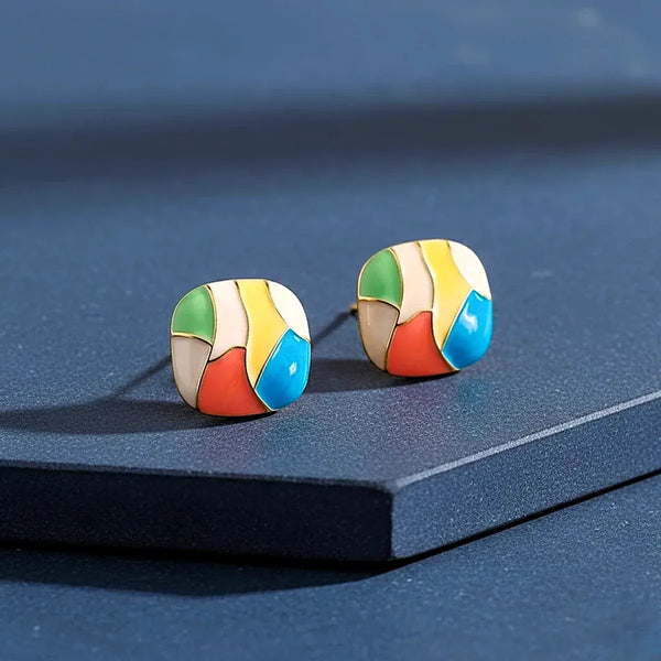 Retro Mosaic Multicolor Enamel Stud Earrings - Artistic Color Pop