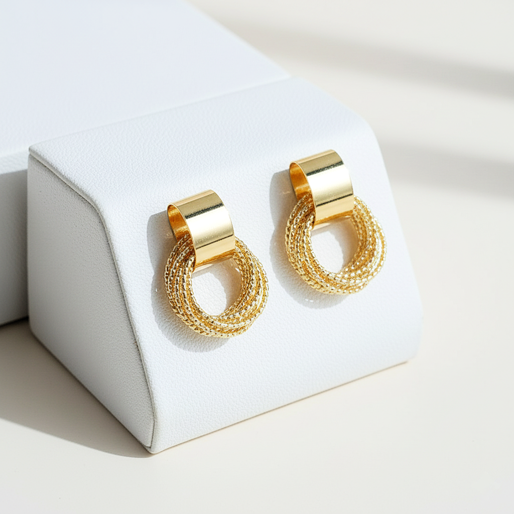 Gold Textured Loop Studs For Women