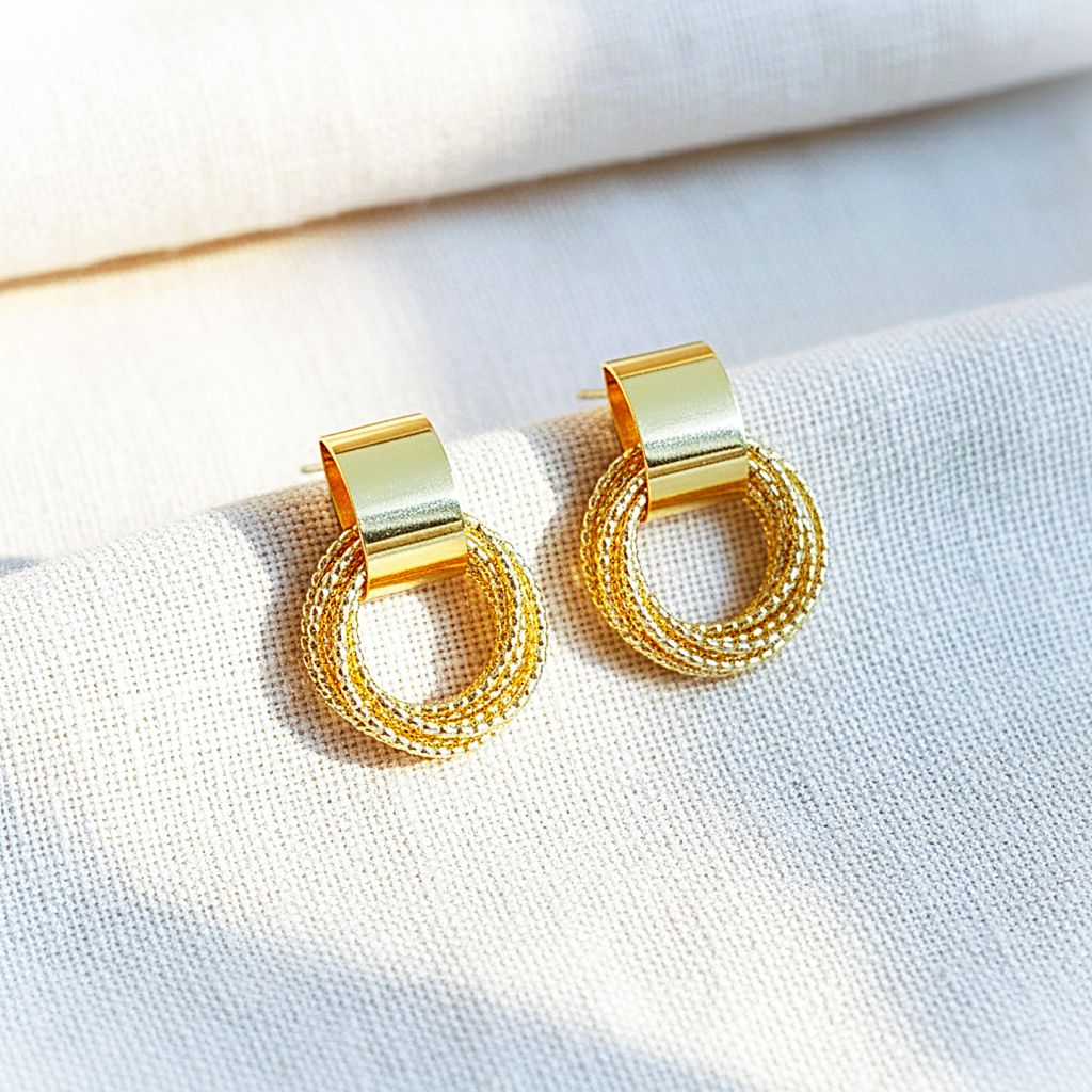 Gold Textured Loop Studs For Women