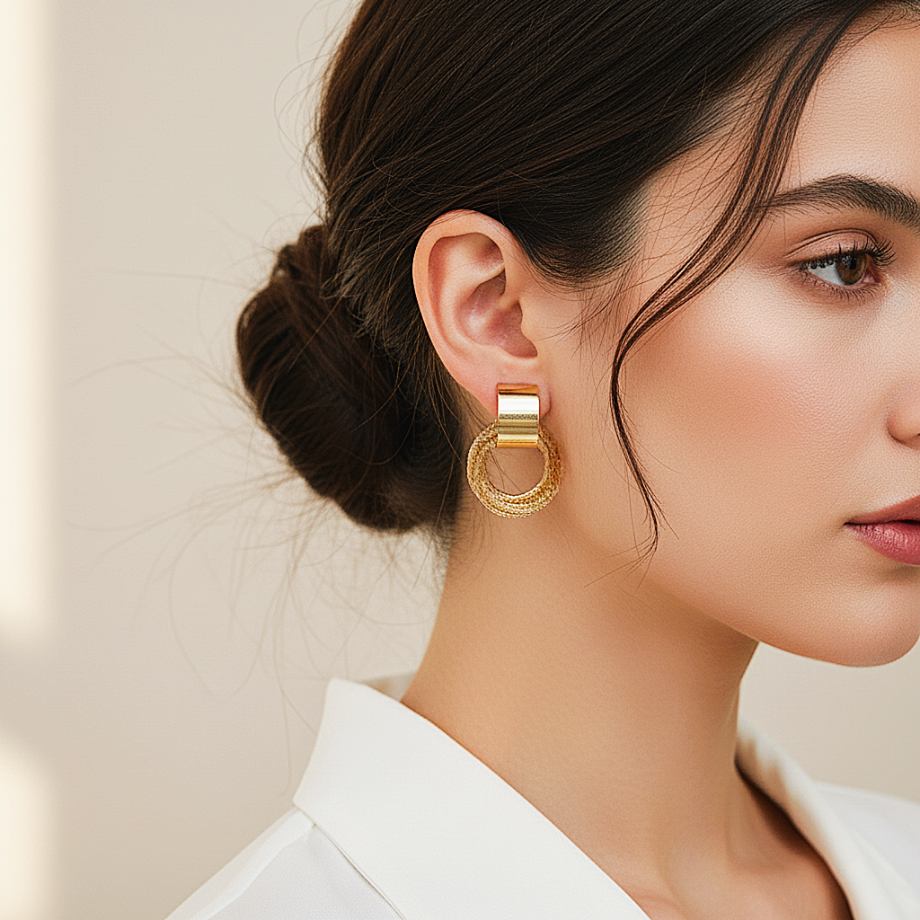 Gold Textured Loop Studs For Women
