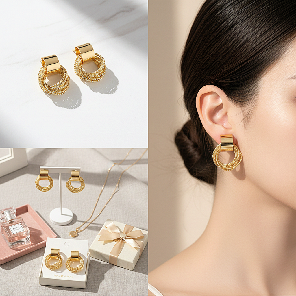 Gold Textured Loop Studs For Women
