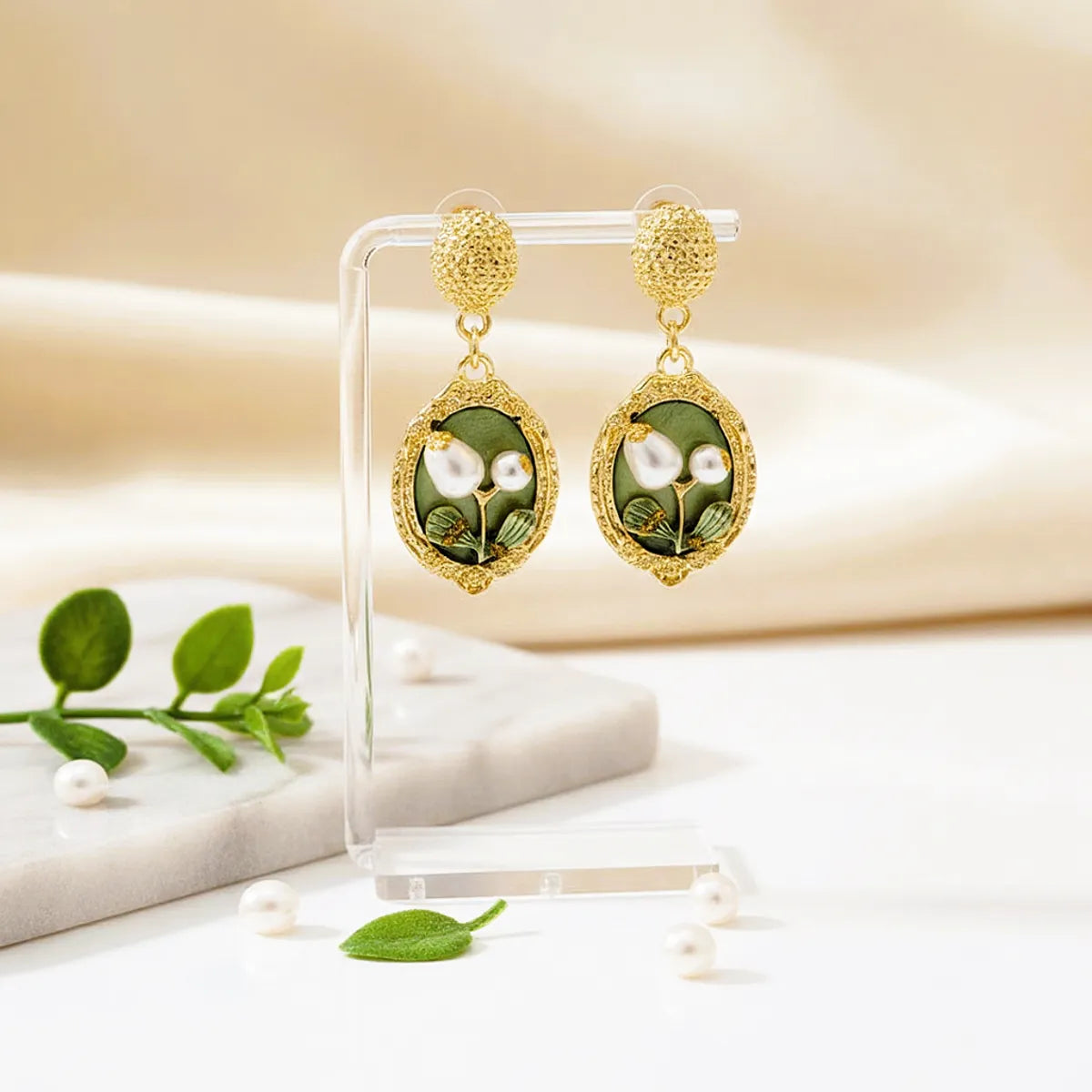 Luxe Emerald Pearl Bloom Earrings
