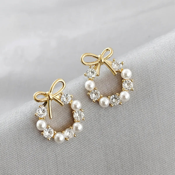 Gold Beautiful Bow Pearl Circle Studs For Women