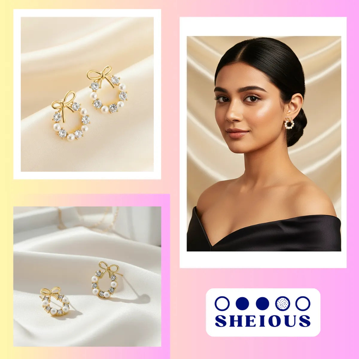 Gold Beautiful Bow Pearl Circle Studs For Women
