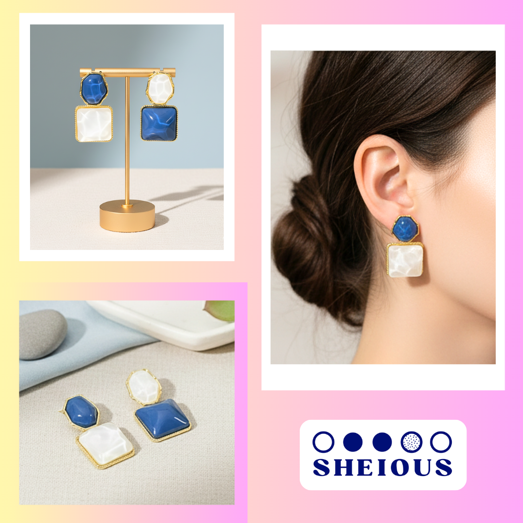 Blue & White Geometric Statement Earrings