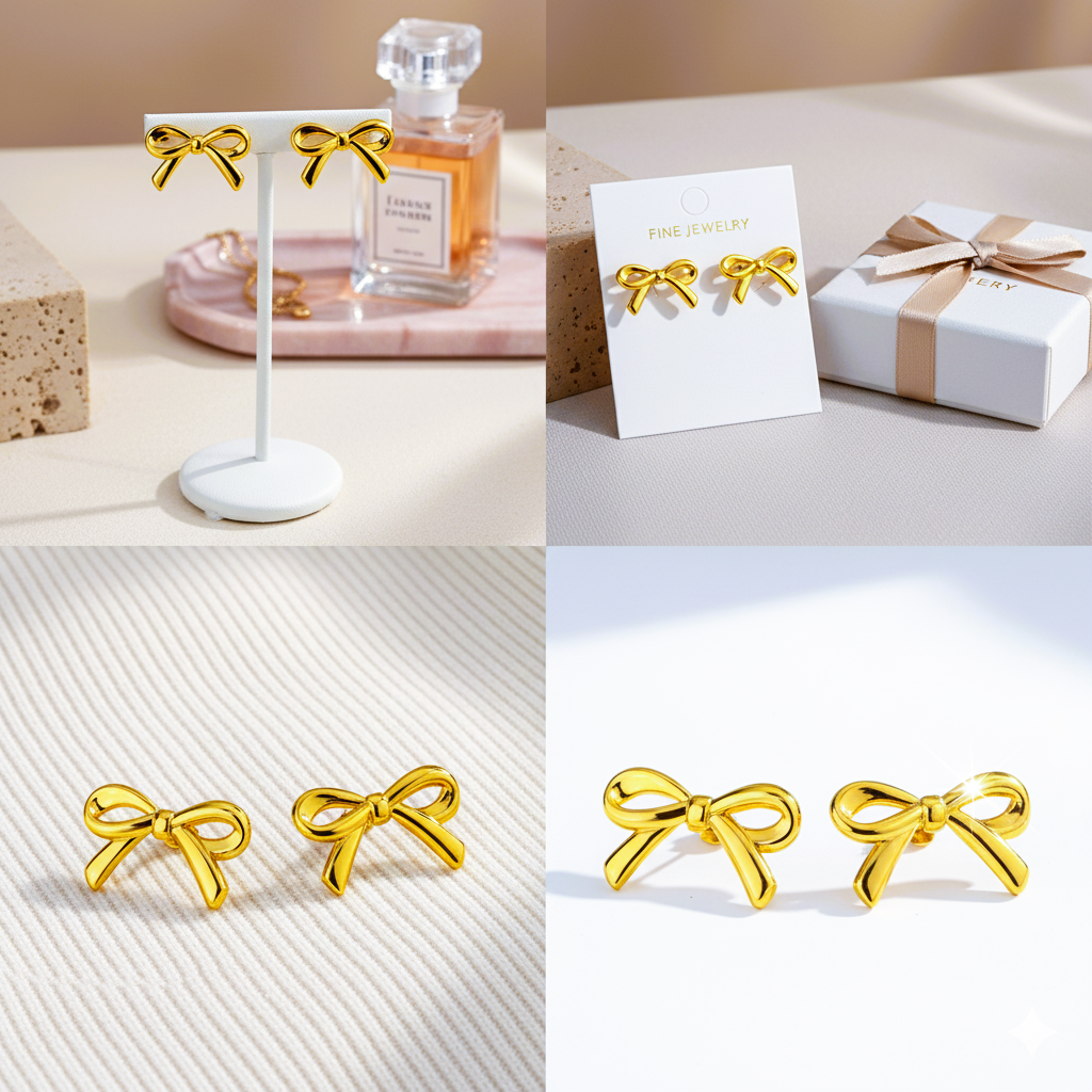 Gold Cute Ribbon Gold Studs For Women