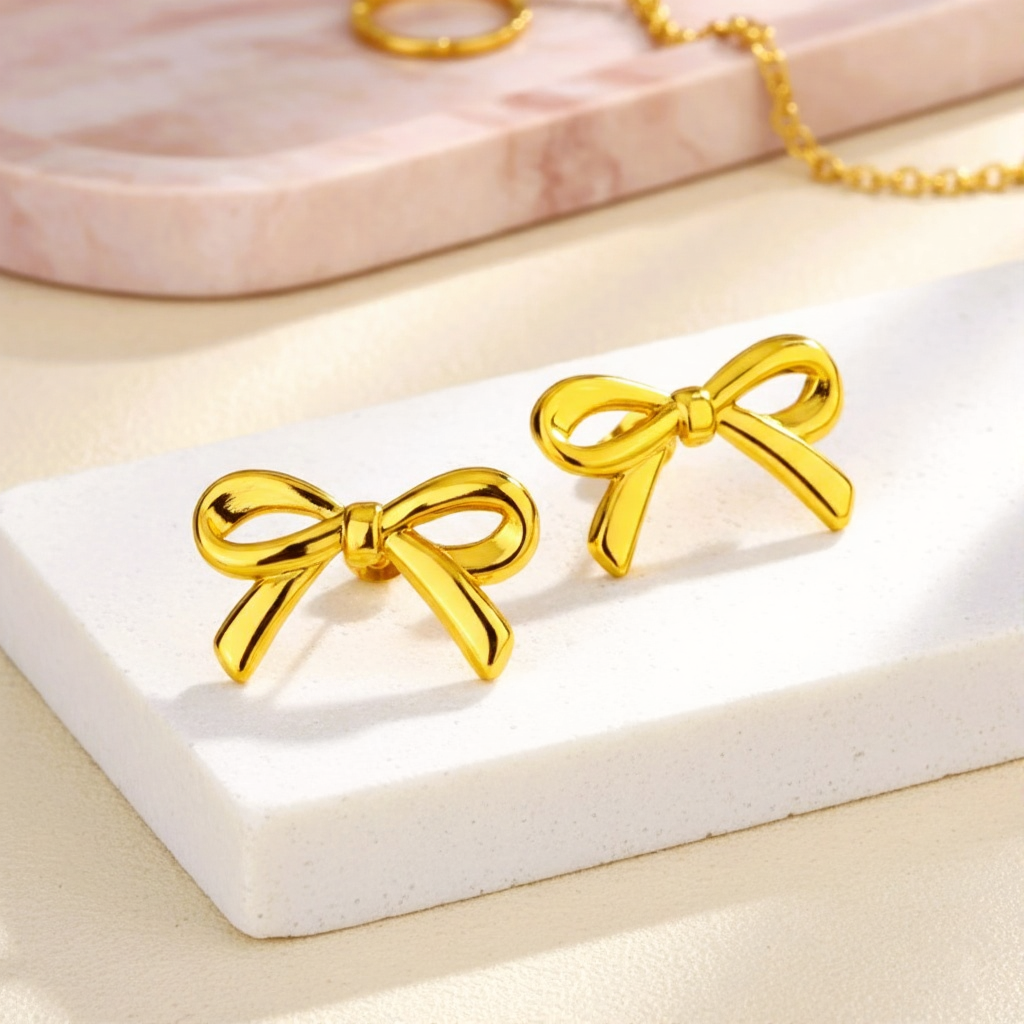 Gold Cute Ribbon Gold Studs For Women