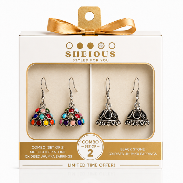 Combo (Set of 2) Multicolor Stone Oxidised Jhumka Earrings and Black Stone Oxidised Jhumka Earrings