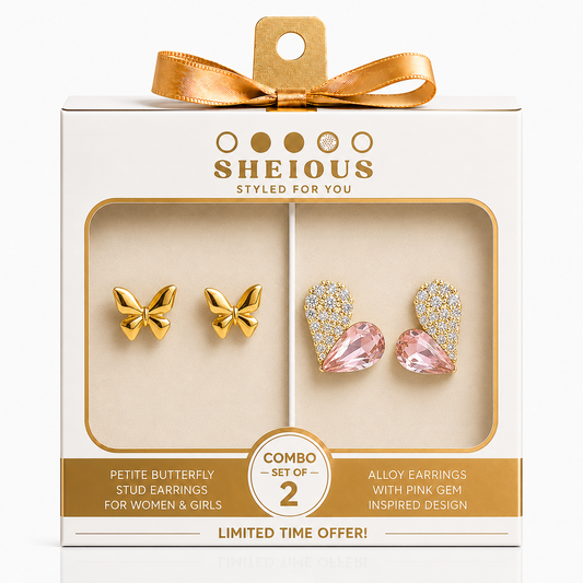 Combo (Set of 2) Petite Butterfly Stud Earrings for Women & Girls and Alloy Earrings with Pink Gem Inspired Design