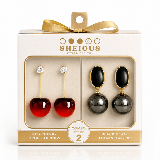 Combo (Set of 2) Red Cherry Drop & Black Glam Statement Earrings