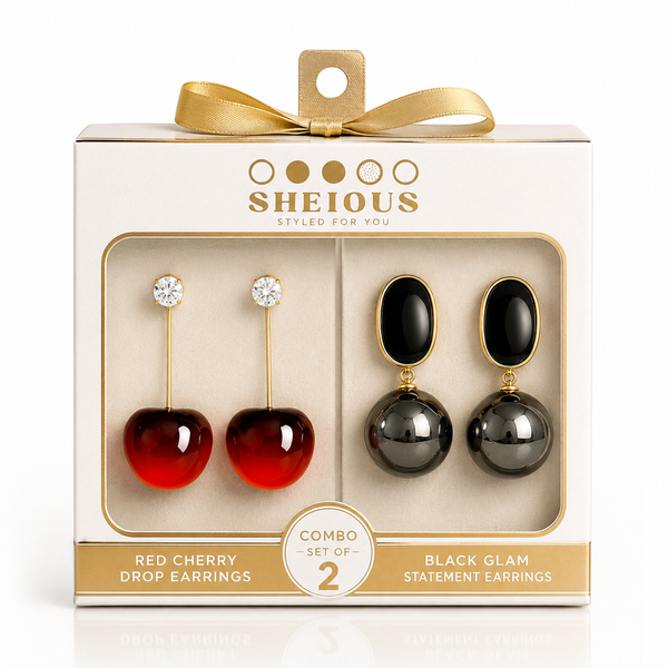 Combo (Set of 2) Red Cherry Drop & Black Glam Statement Earrings