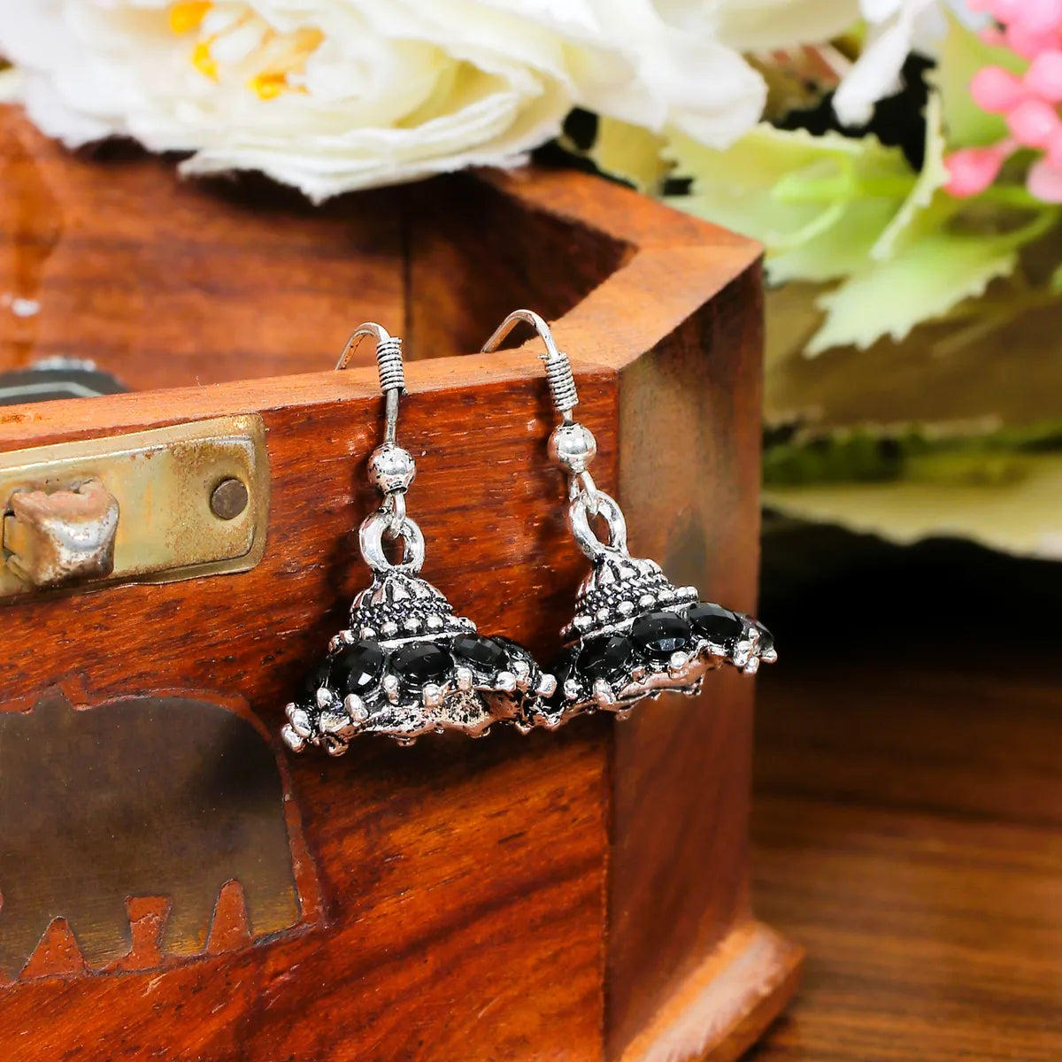 Elegant Black Alloy Stone Oxidised Jhumka Earrings