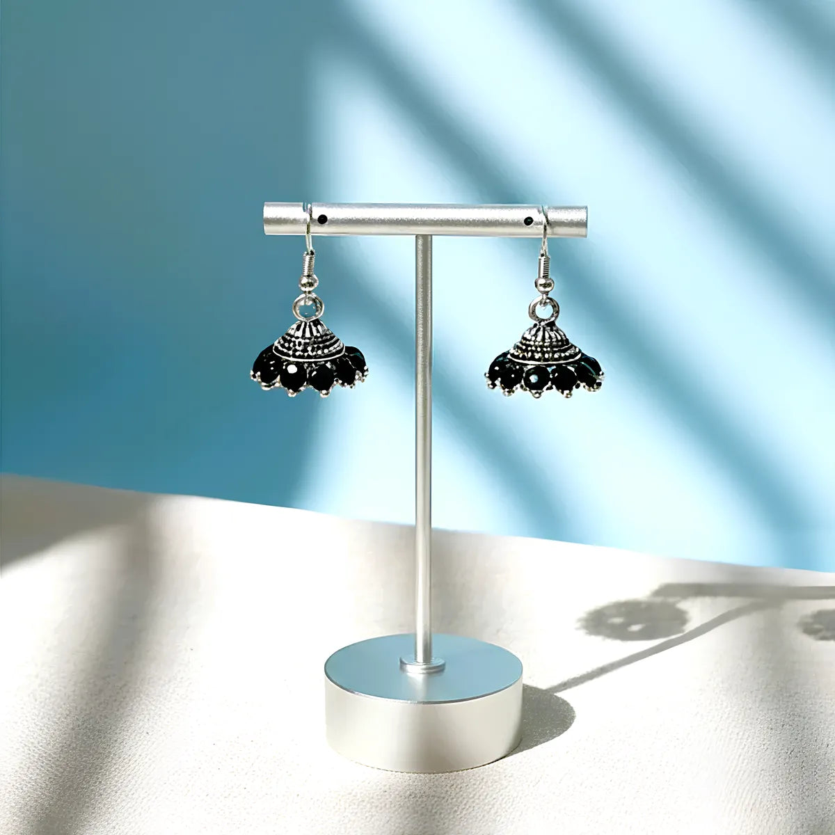 Elegant Black Alloy Stone Oxidised Jhumka Earrings