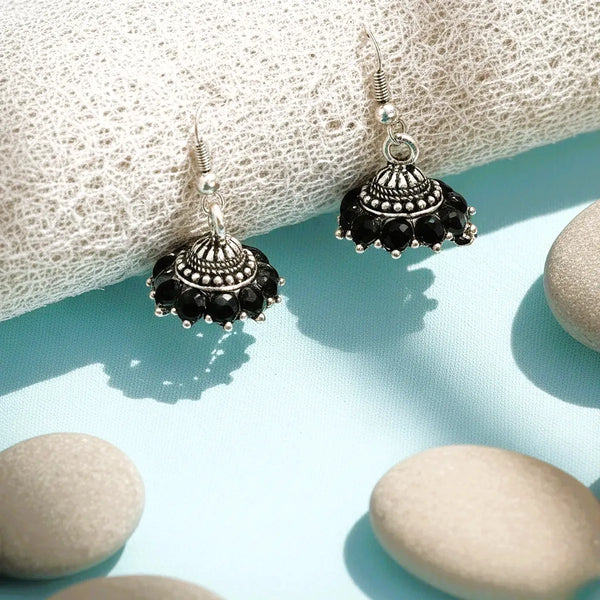 Elegant Black Alloy Stone Oxidised Jhumka Earrings