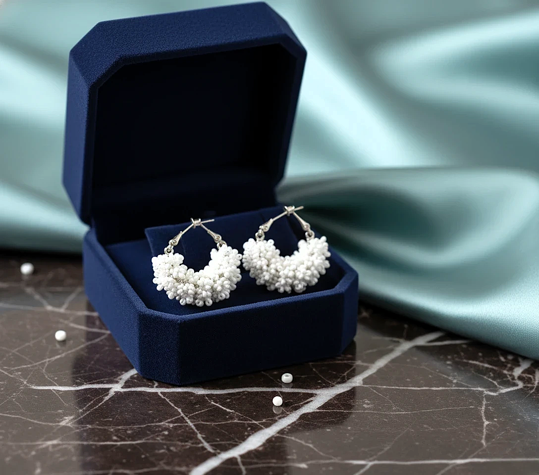 Handcrafted White Beaded Hoop Earrings