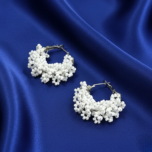 Handcrafted White Beaded Hoop Earrings