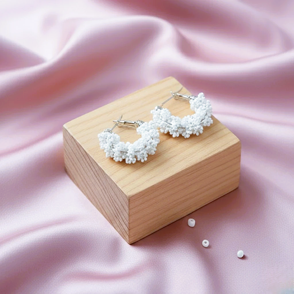 Handcrafted White Beaded Hoop Earrings