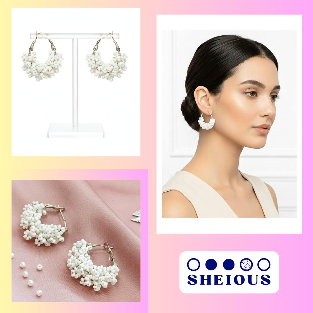 Handcrafted White Beaded Hoop Earrings